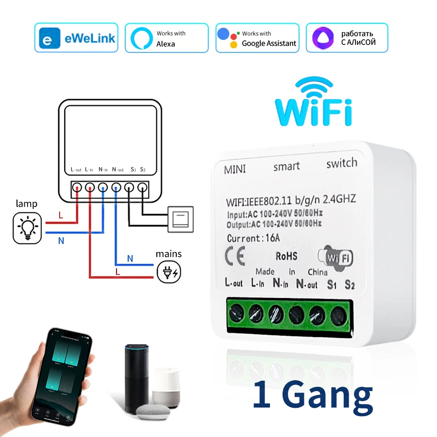 Mini WiFi Smart Switch eWeLink 10A Breaker Module Timer Relay Voice Wireless Remote Control for Alexa