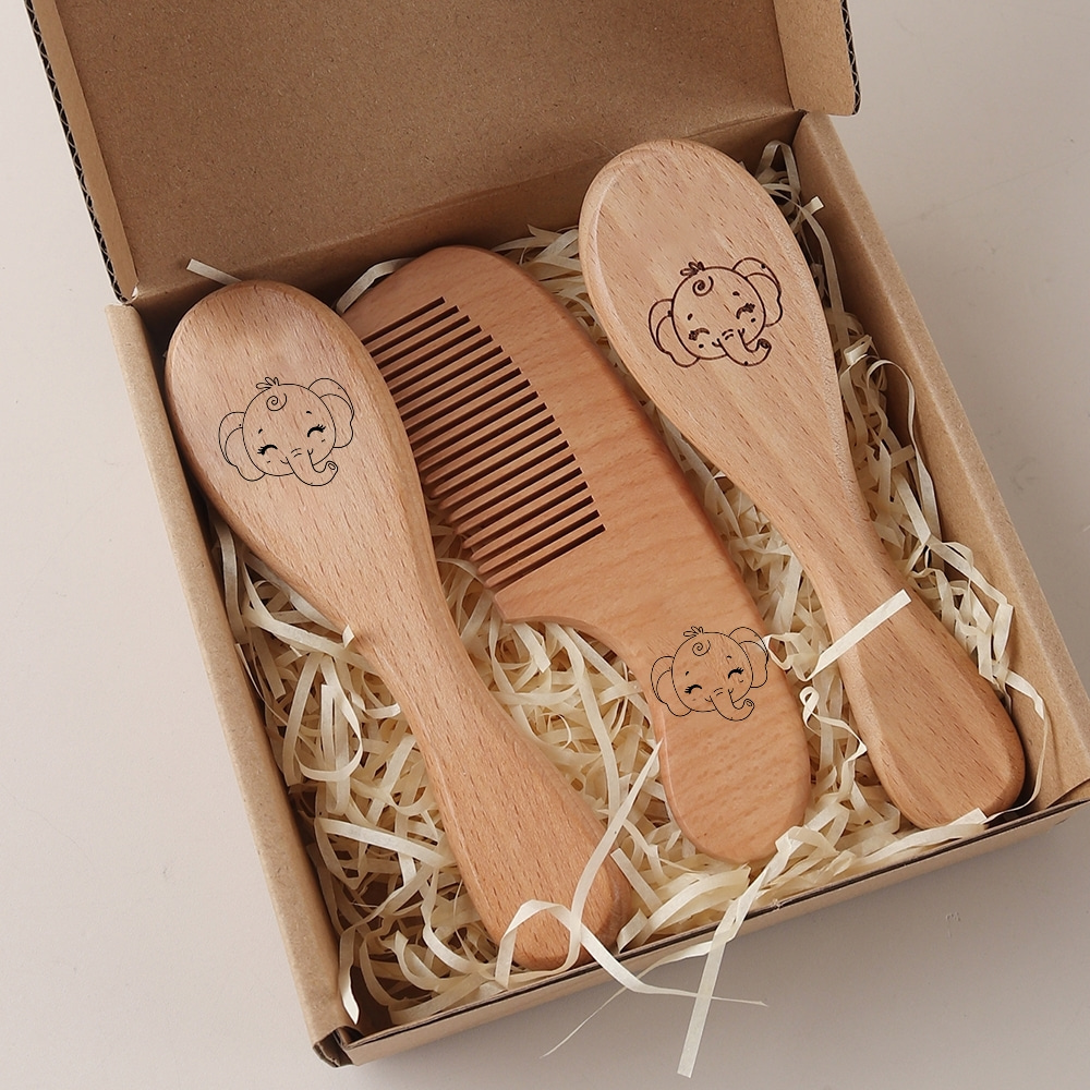 3pcs Engraved Panda Baby Hair Brush Set Natural Wool Wooden Comb Air Cushion Brush Newborn Baby Shower