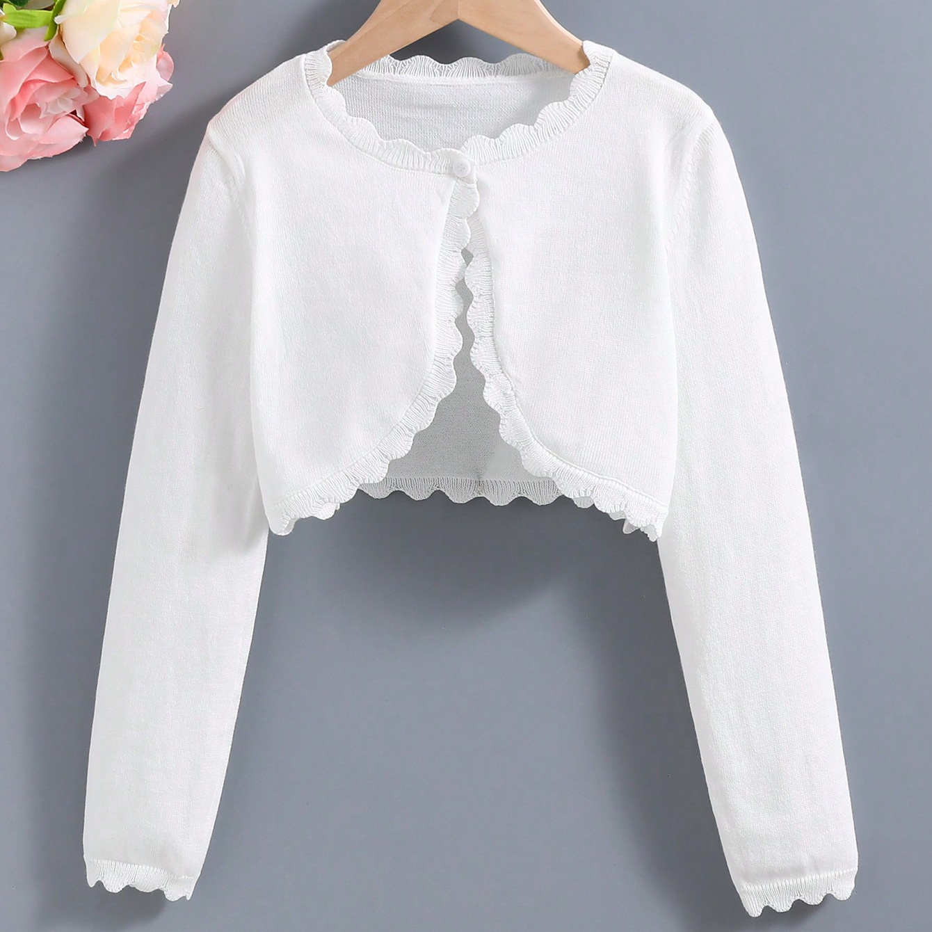 Tween Girls' Minimalist Fashion Solid Color Shell Edge Cardigan Sweater