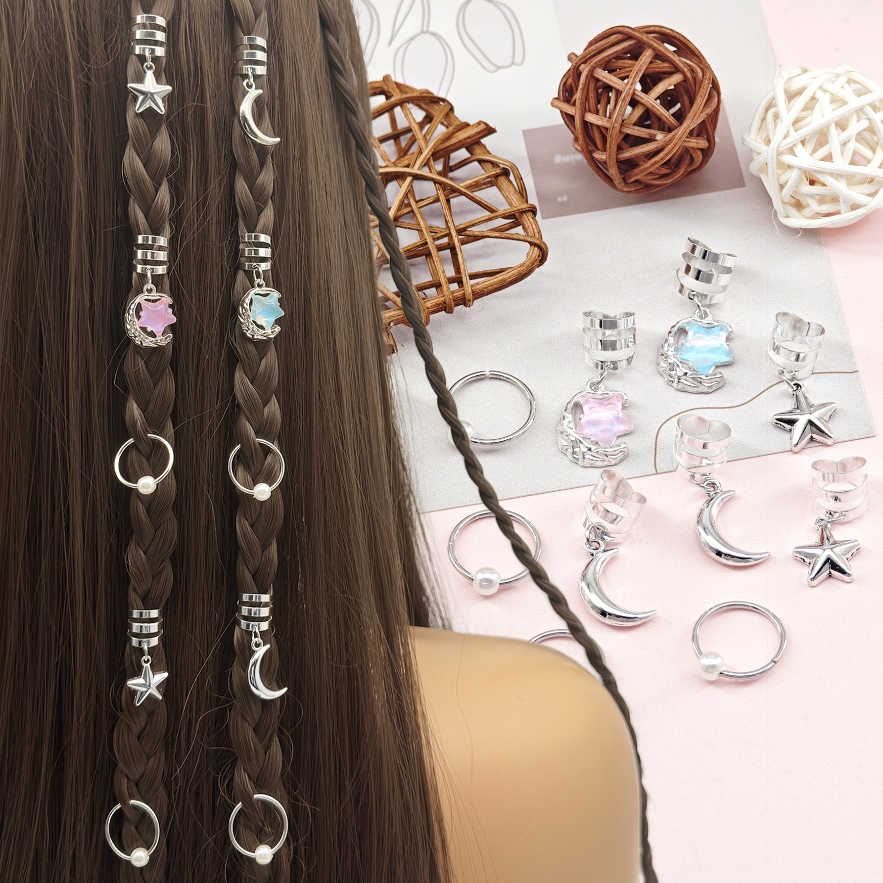 10pcs Silver Star Moon Hair Cuffs,Braid Ring with Cute Pink and Blue Star Moon Pearl Pendant,Decoration for Locs Ponytails Women