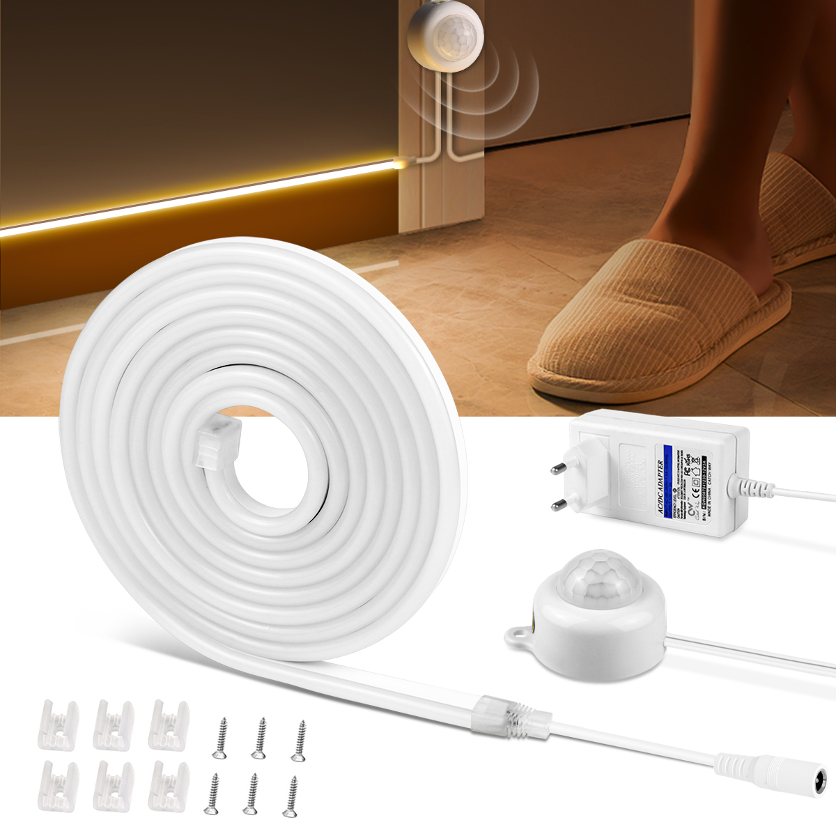 DC24V LED Night Light with PIR Motion Sensor Neon Light Strip No Flicker Waterproof COB Wall Lamp Tape Smart Induction for Stair