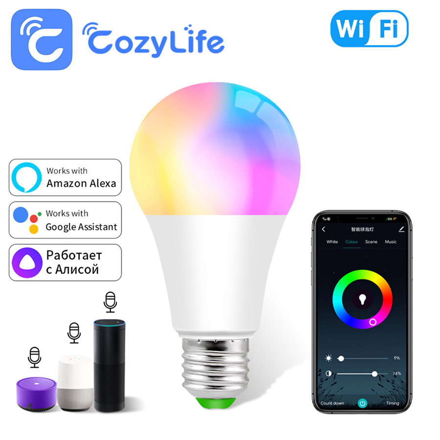 E27 Smart WiFi LED Bulb CozyLife App Control 12W 15W 18W LED RGBCW Lamp AC 85-265V Works with Alexa Assistant Home