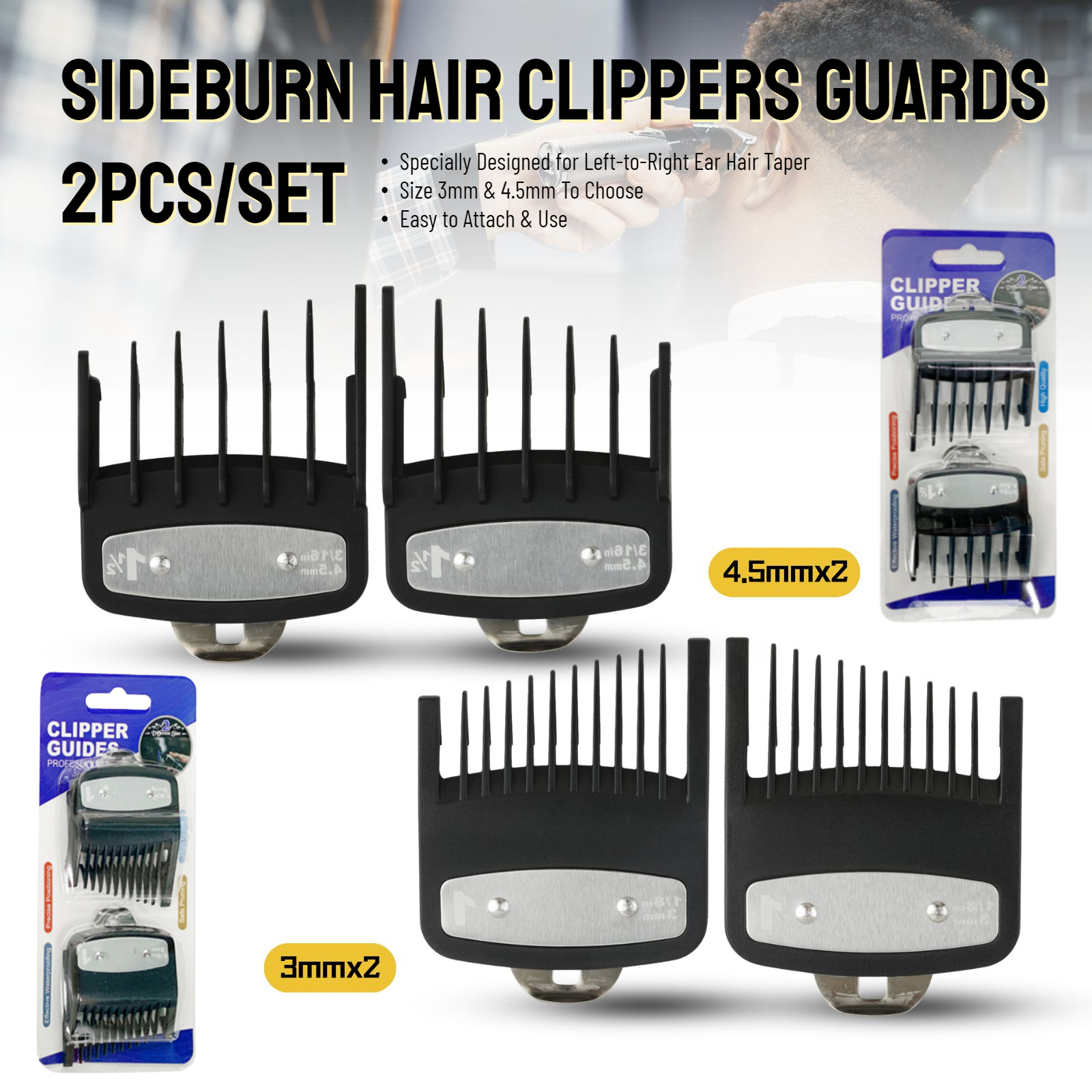 2Pcs Professional Sideburns Clipper Limit Combs Barber Haircut Guide Comb Hair Trimmer Guards Attachment Styling Tools 3mm/4.5mm