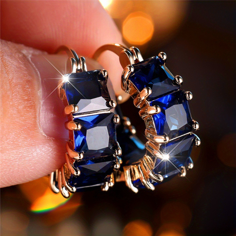 1 Pair of Fashionable Classic Blue Color Inlaid Zircon Square Hanging Earrings, Women's Daily Wear, Holiday Jewelry