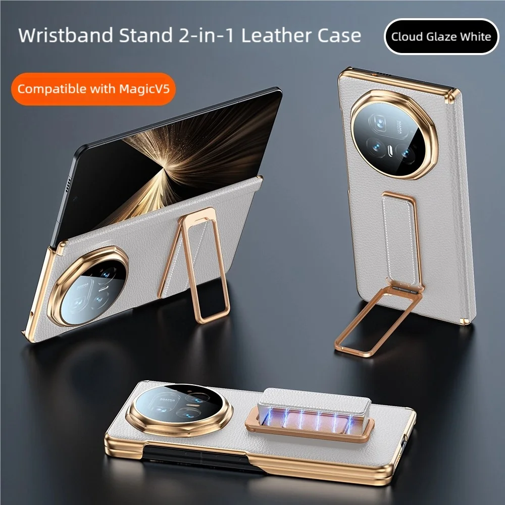 For Magic V5 Phone Case,Genuine Leather Case,with Wrist Strap,Hidden Kickstand,Hinge Wrap Shockproof Case-White