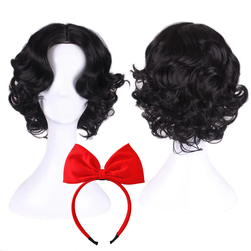 Anime Snow White Princess Girls Women Short Bob Wave Black Cosplay Wig Halloween Party or red bowknot hairband