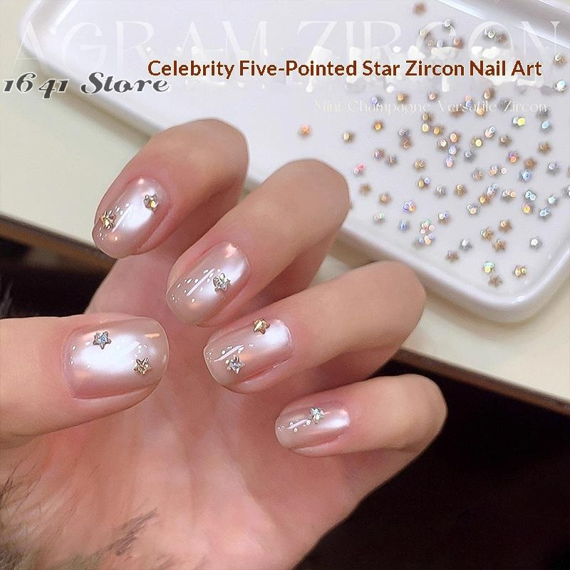 （NEW）50Pcs Star Zircon Nail Rhinestone Nail Art Charm Sparkle 3D Nail Rivet Flat Bottom Nail Decoration Parts DIY Manicure