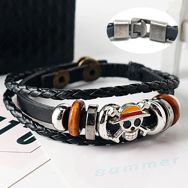 New Anime One Piece Pirate Bracelet Cartoon Action Doll Lufei Straw Hat Punk Black Leather Woven Bracelet Toy Birthday