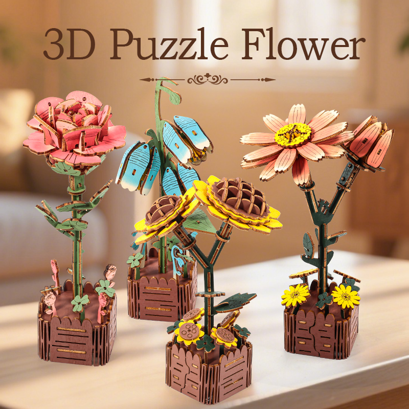 3D Flower Wooden Puzzles, DIY Wooden Flowers Model Kit Building Set Crafts for Adults to Build, Botanical Collection Ideas