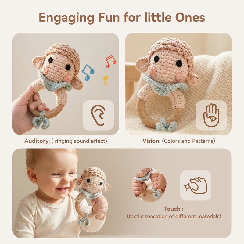 Wooden Teether Baby Teething Ring BPA-Free Animal Crochet Rattle Montessori Children's Toy Newborn Crocheted Sheep Rattle