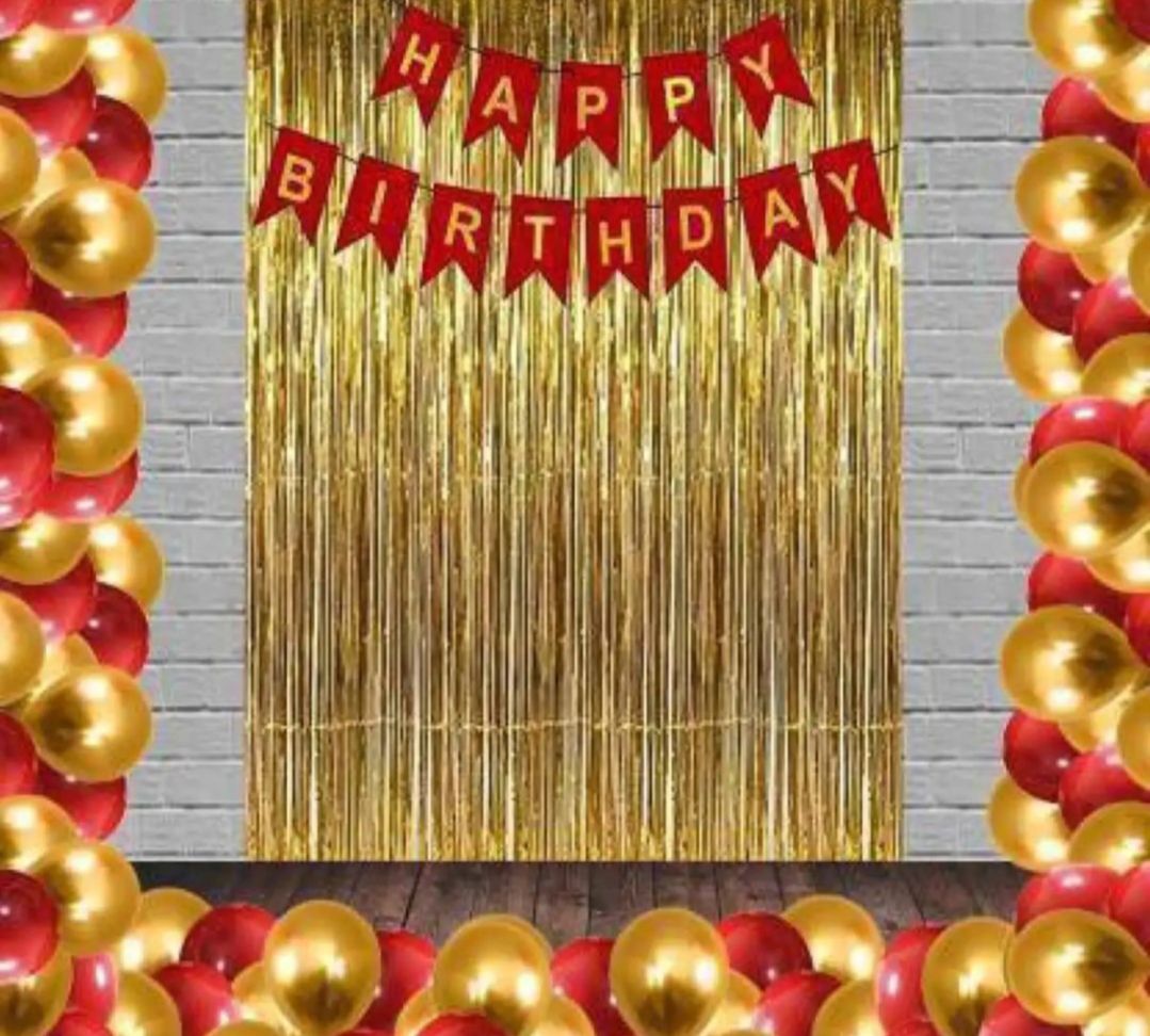 Happy Birthday Red Theme Combo Pack Pack of 33 (1 Pc Red Bunting Banner + 30 Pcs Balloons + 2 Golden Foil Curtain