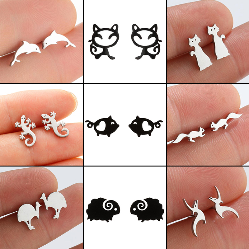 Mini Stainless Steel Pig Sheep Earring for Women Cartoon Cat Lizard Ear Jewelry Girls Cute Dolphin Squirrel Earrings Accessories
