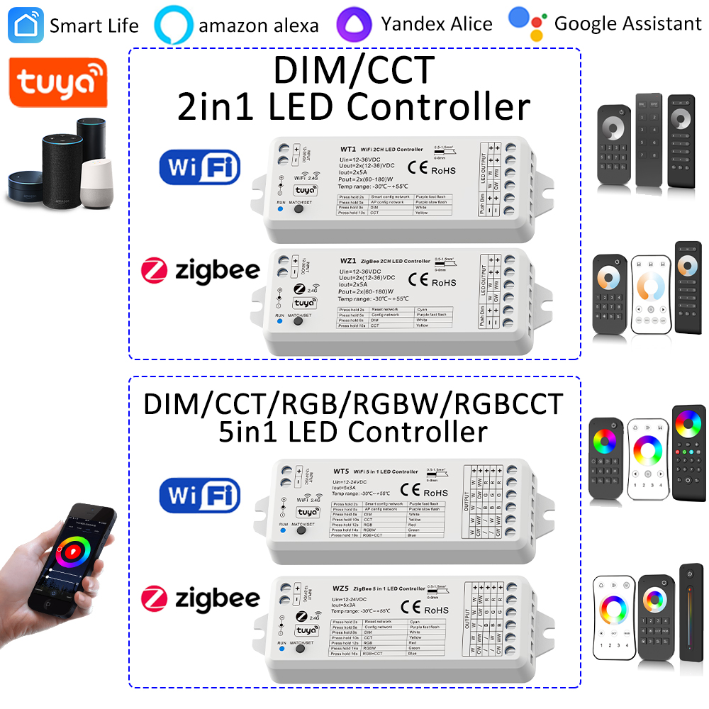 Tuya LED Controller Wifi Zigbee 2in1 5in1 WT1 WZ1 WT5 WZ5 for DIM CCT RGB RGBCCT PWM Strip Smart Life App Remote Voice Alexa
