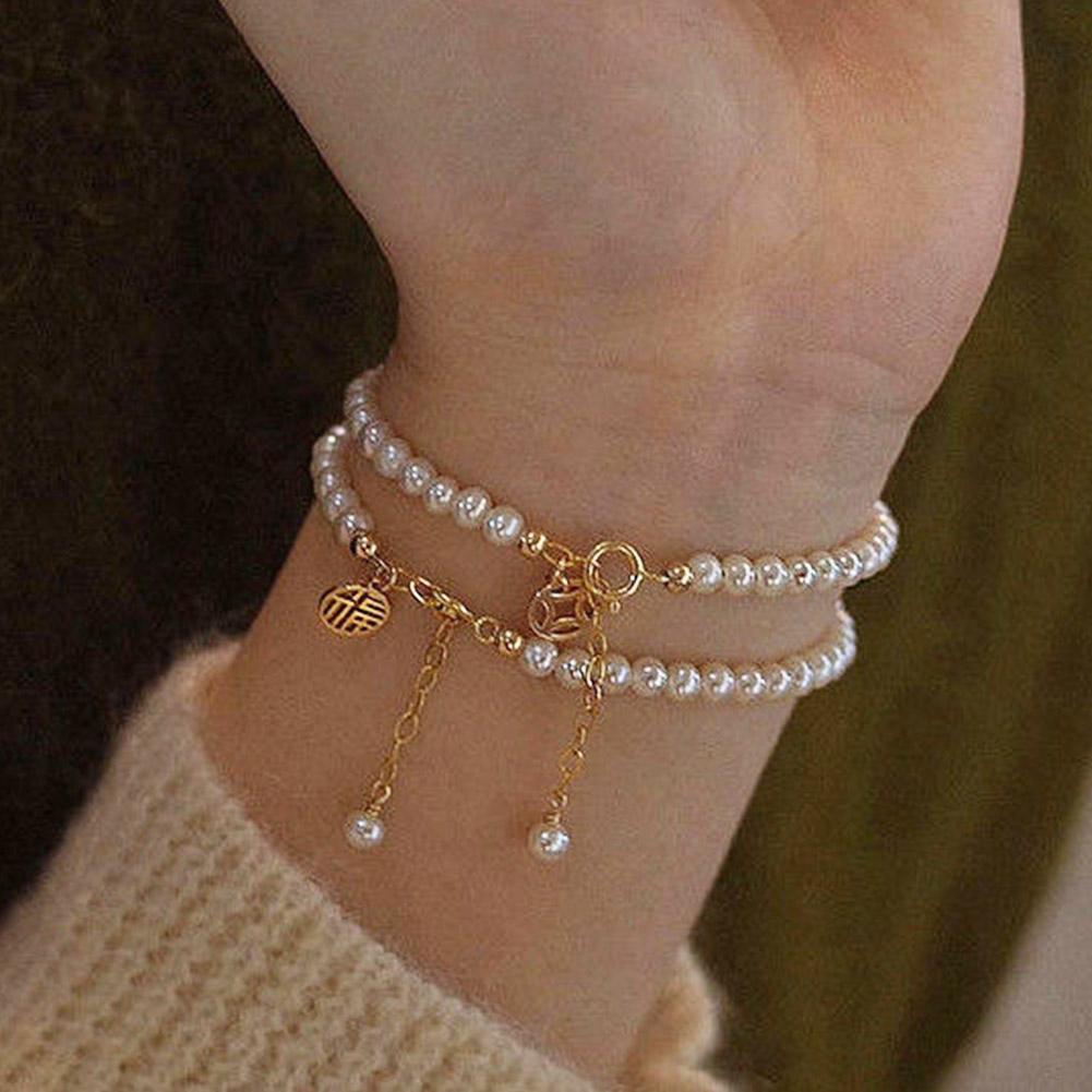 Elegant Imitation Pearl Bracelet for Women Chinese Style Fu Brand Bracelet String Pearl Round Sign Lucky Jewelry