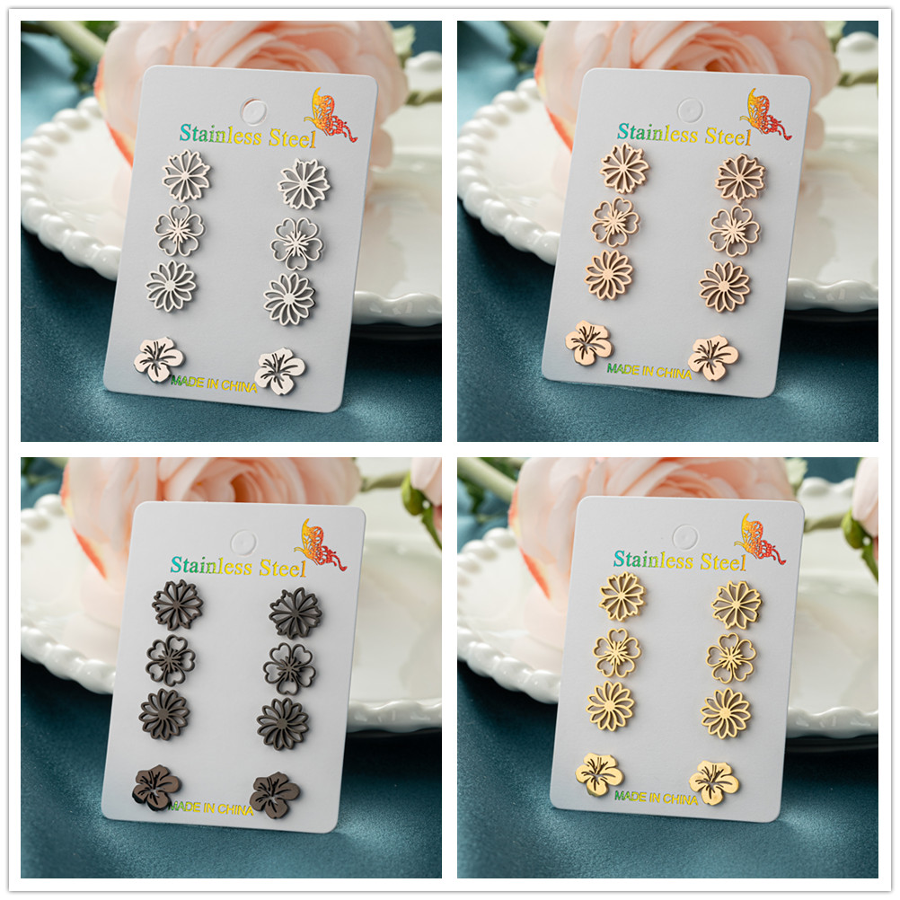 Small Flower Stud Earrings for Women Stainless Steel Cute Plant Prevent Allergy Metal Sweet Statement 4 Pairs/Lot
