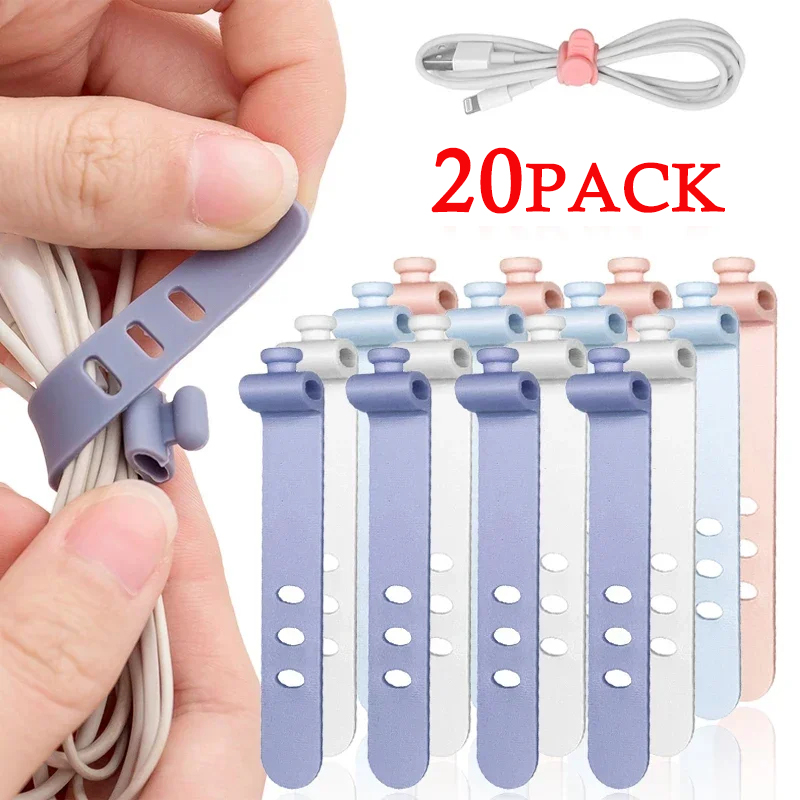 20/12/4PCS Cable Ties Cord Organizer Management Silicone Wire Holder Straps Zip Clips Reusable Tie Wraps Keeperwinder