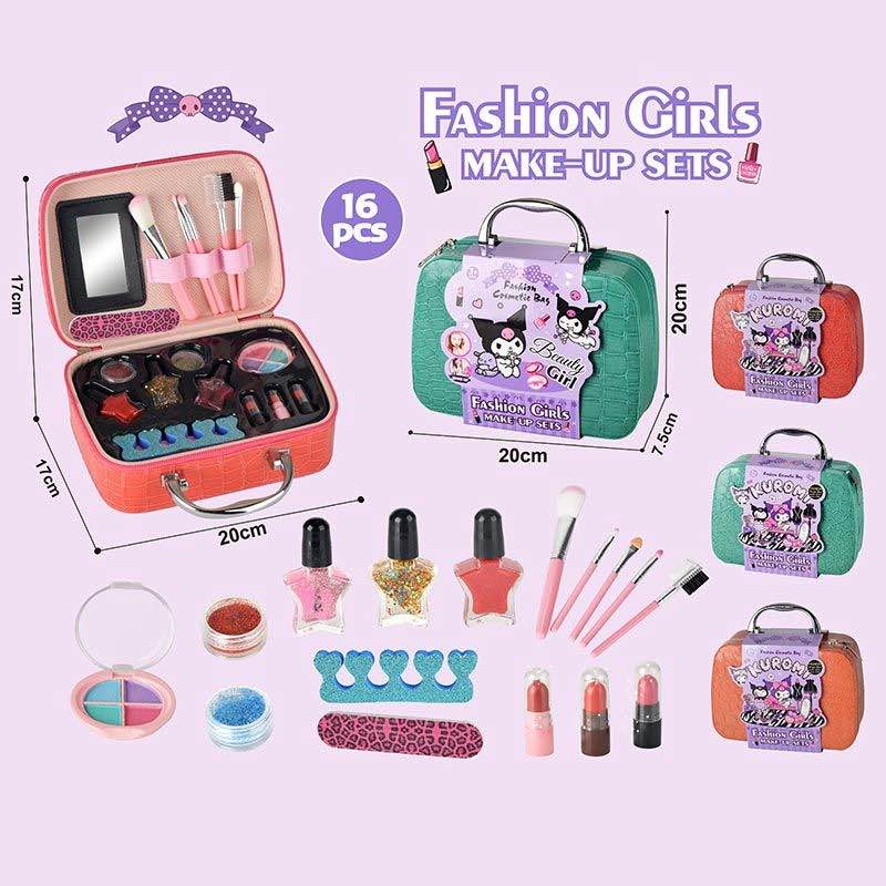 Kuromi Kids Makeup Beauty Set with Mirror, Brush, Lipstick, Eyeshadow & Nail Polish - Washable Pretend Play Cosmetic Kit for Girls