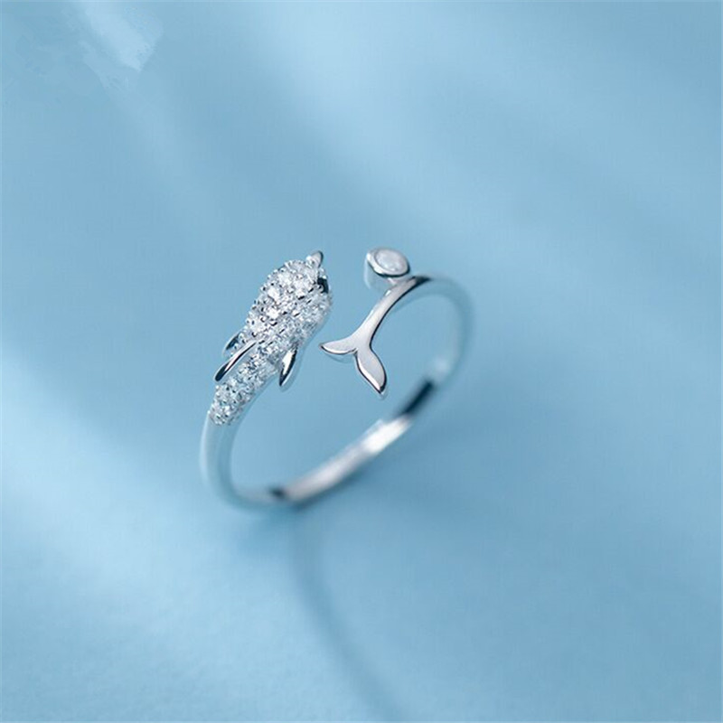 New Temperament Dolphin Ocean Element 925 Sterling Silver Jewelry Creative Personality Full Crystal Animal Opening Rings R385