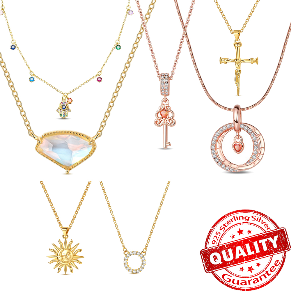 Elegant 925 Sterling Silver Aurora Crystal Guardian Hand Star Moon Key Gold Rose Gold Necklace Premium Date Gifts