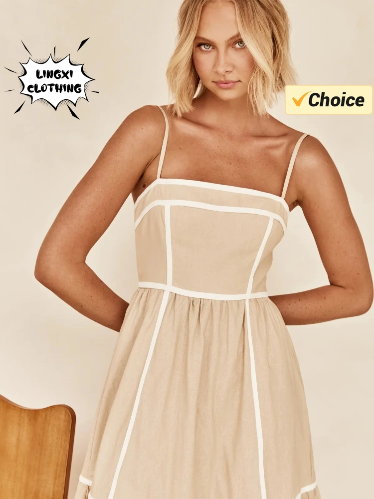 2024 Summer Fashion New Bohemian Elegant Women's Solid Color Long Dress with Hanging Straps Holiday Style Medium Long Dress