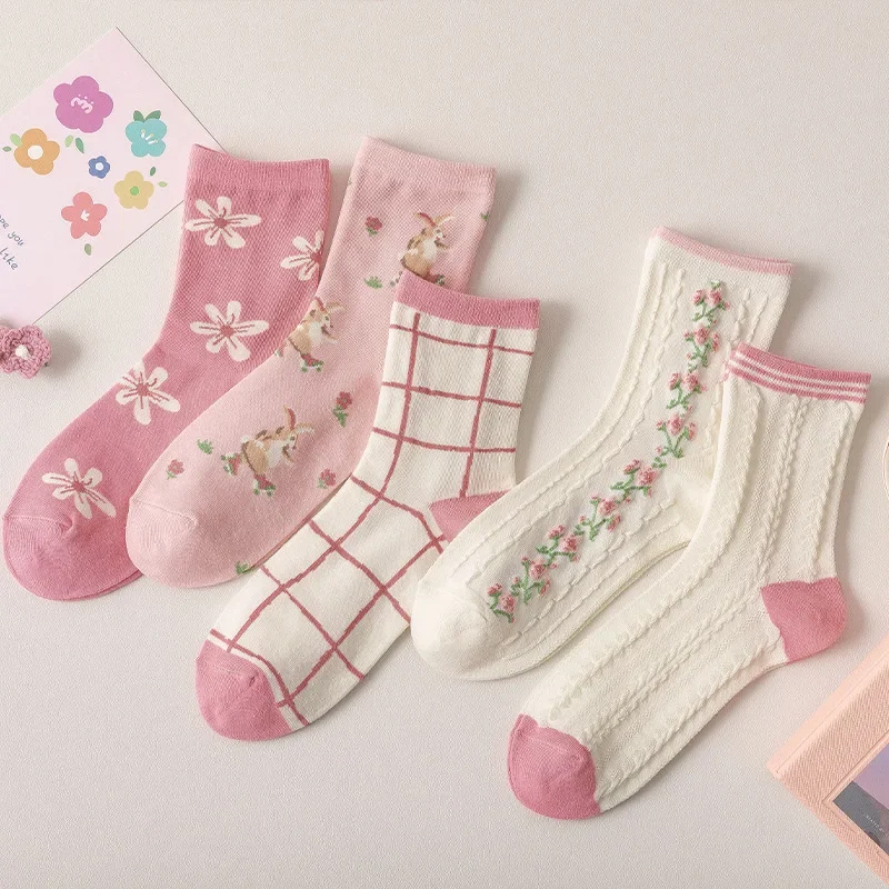 2025 spring and summer new socks female pink twisted tube socks sweet and small floral cute student socks kawaii socks