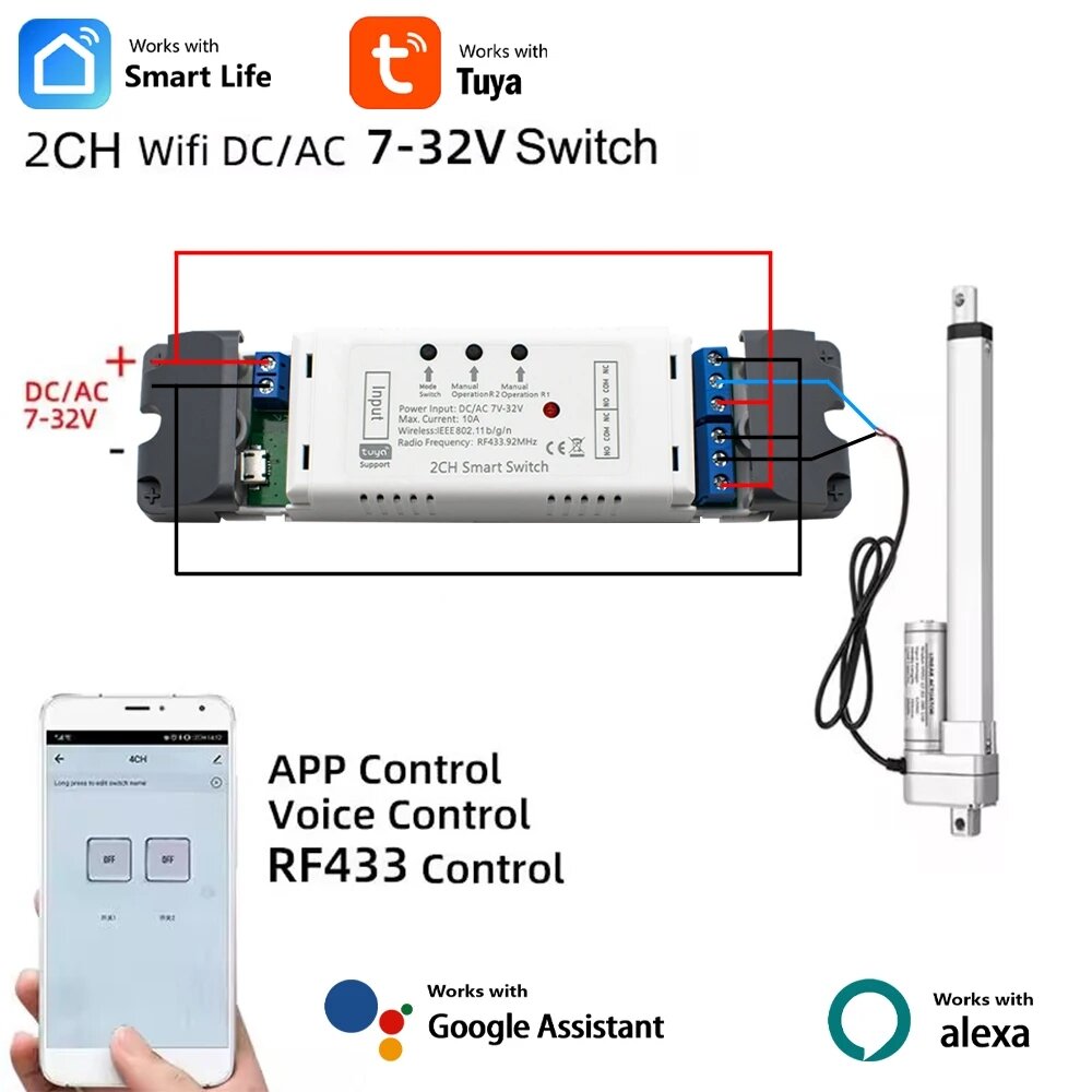 Wifi Electric Actuator Motor Controller,DC12V 24V 32V,RF433 Remote, works with Tuya Smart Life, Alexa and home