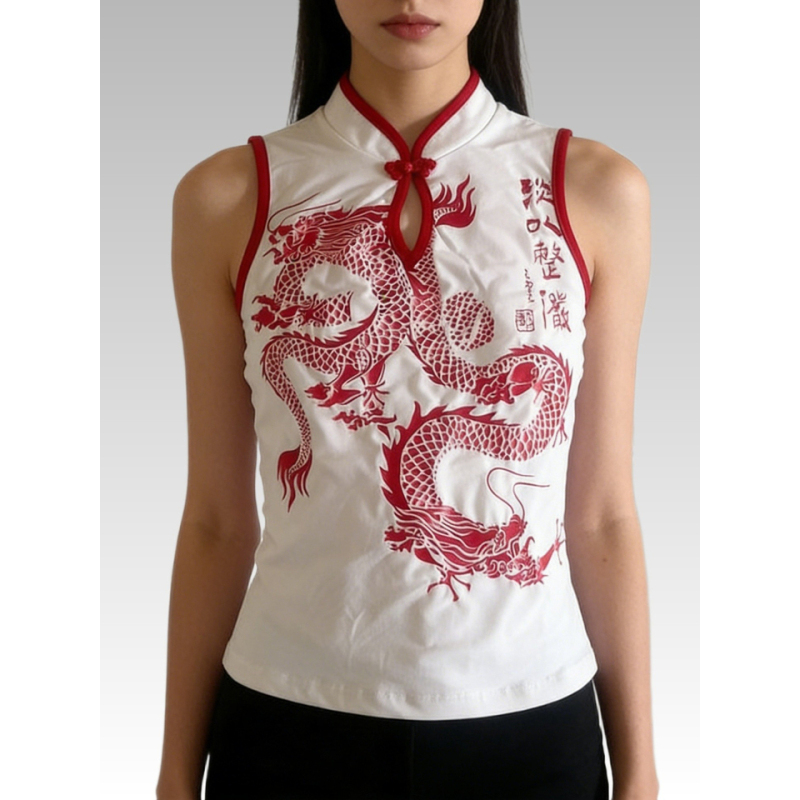 2026 Latest Chinese Loong Printed Vest Mandarin Collar Frog Button Sleeveless Slim Y2K Street Wear Casual Daily Top