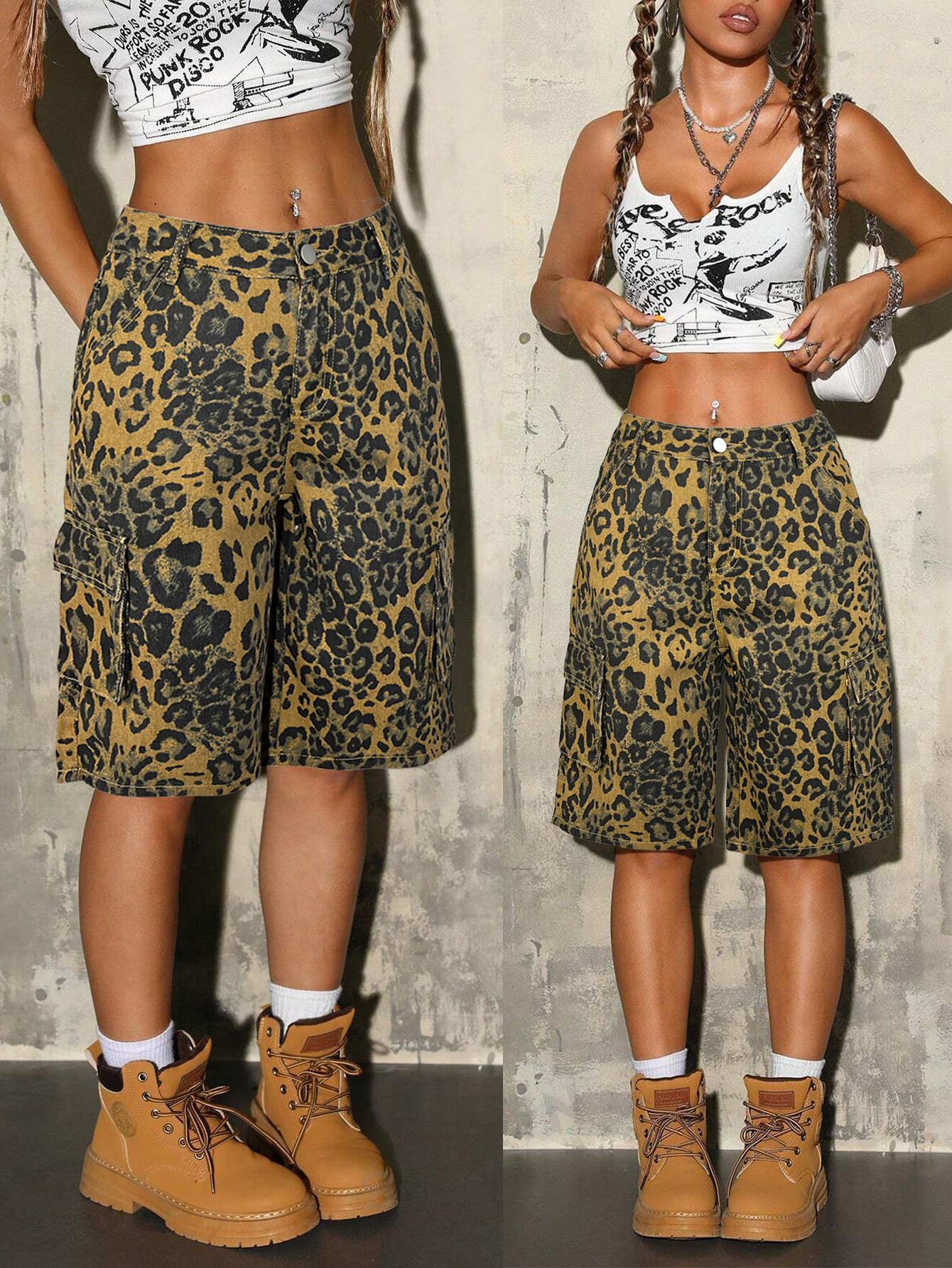 Y2k Retro Leopard Print Loose Cargo Denim Shorts Women's Trendy Slant Flap Pockets Workwear Bermuda Casual Shorts For Summer