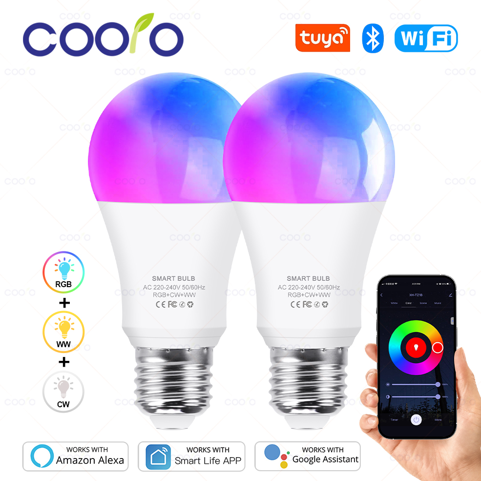 Tuya E27 Led Lamp App Control Bluetooth /WiFi Led Light Bulbs 15W RGB CW WW Smart Bulb Works With Alexa Assistant