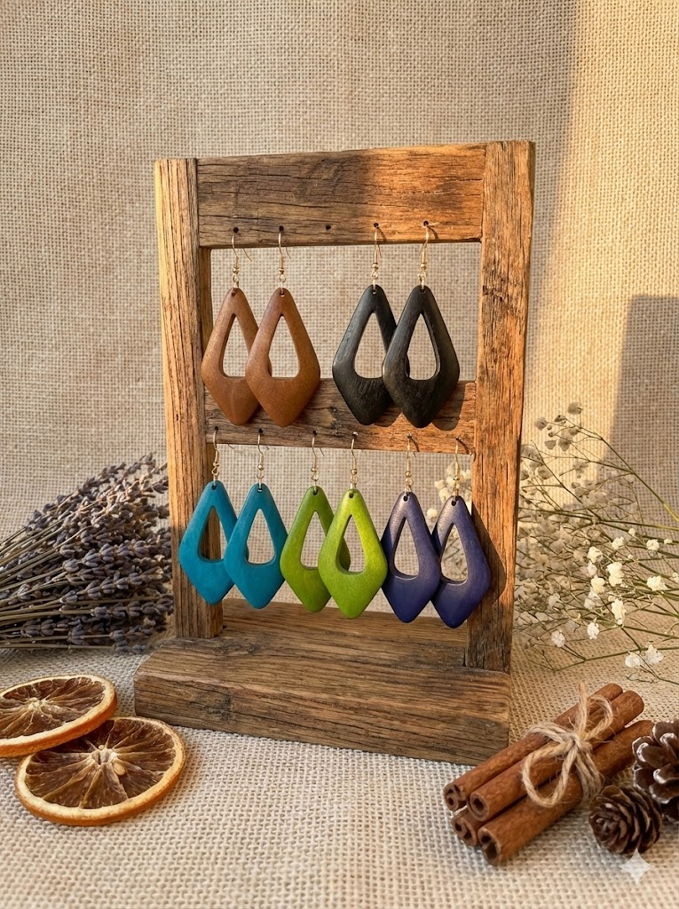 5 Pairs/Set, Women's Earrings, Colorful Geometric Diamond-Shaped Hollow Wooden Earring Set, Simple Retro Bohemian Ethnic Style Festival Earrings, Suitable for Daily Wear, Vacation, -Giving, and Any Occasion