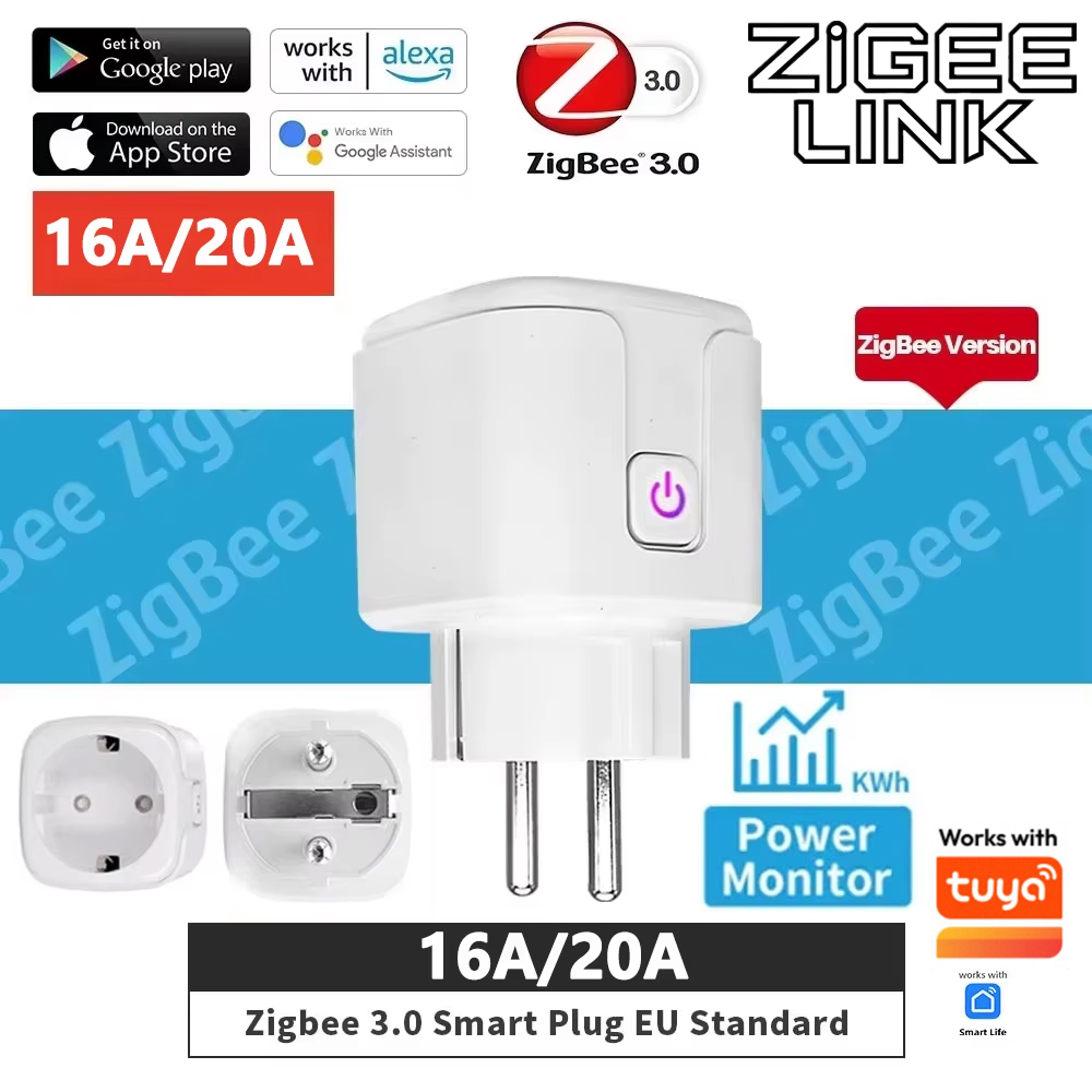 Smart Tuya Zigbee Plug Socket 3680W 16A Power Energy Monitoring Timer Switch EU Outlet Home Assistant Zigbee2mqtt
