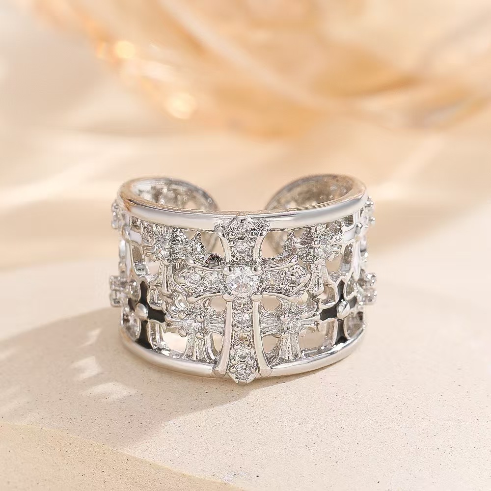 Cross Flower Hollow-out Ring for Women, High-End Feeling with Inlaid Crystals, Niche Design, Versatile Vintage Index Finger Ring