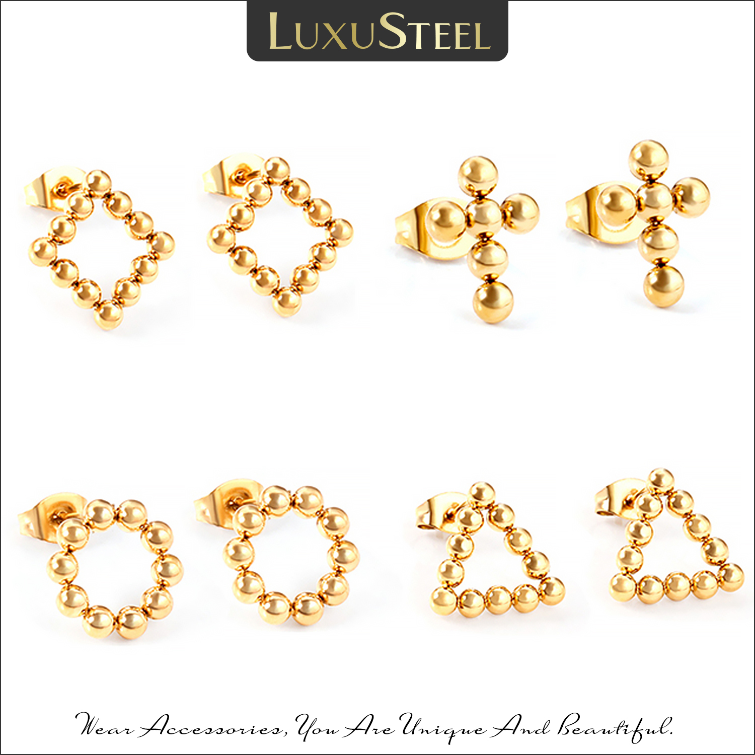 LUXUSTEEL Stainless Steel Ball Stud Earrings For Women Girls Gold Color Beaded Square Round Triangle Cross Shape Ear Jewelry