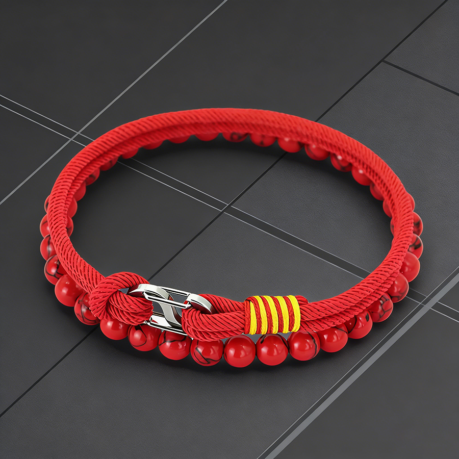 Business 2Pcs Luck Red Bracelet Set Men 6mm Stone Beads Handmade Nylon String Wristband Valentine Day For Husband Jewelry