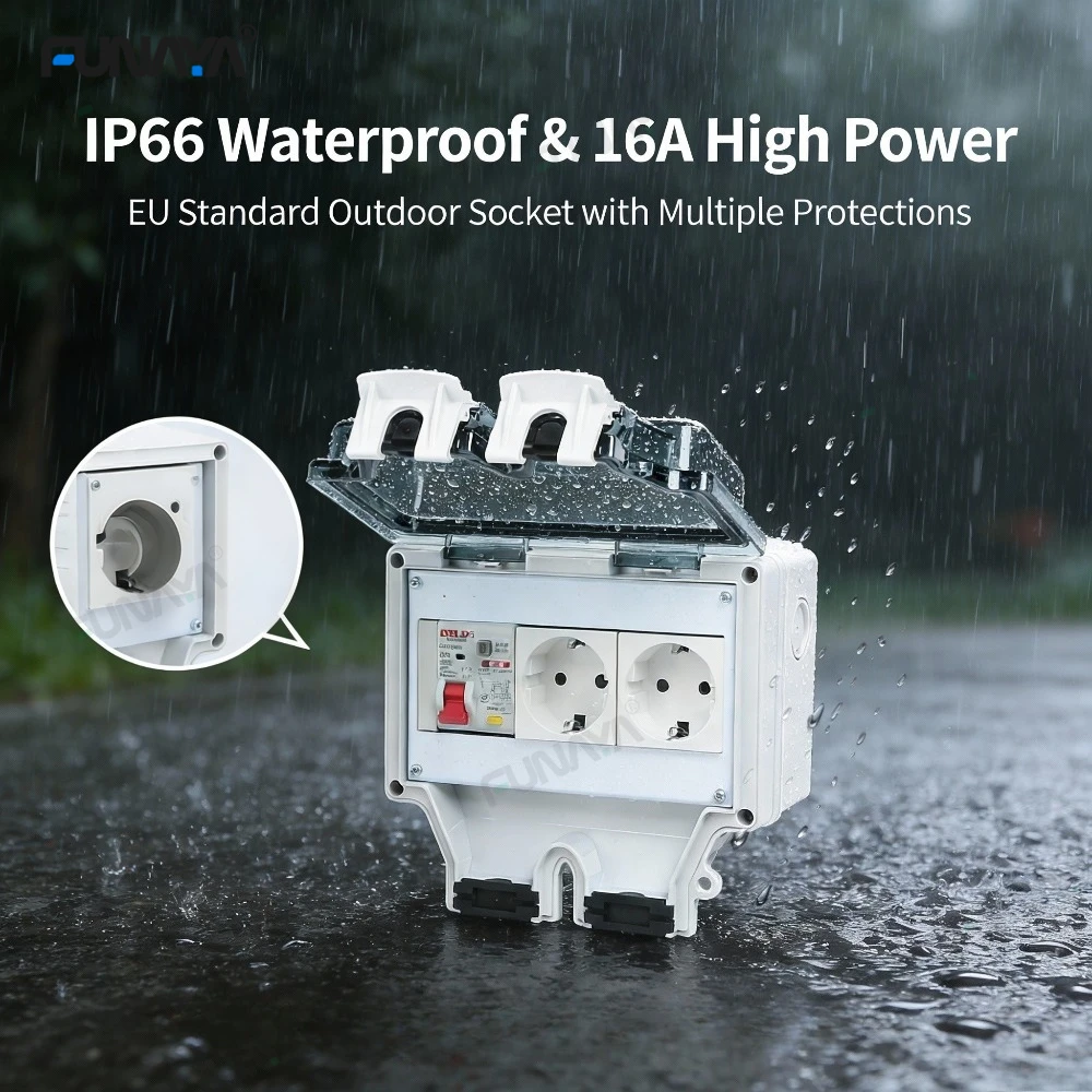 FUNAYA 16A Waterproof Sockets with Leakage Protection Circuit Breaker European EU KR Israel Plug 1 2 Outlets IP65 Surface