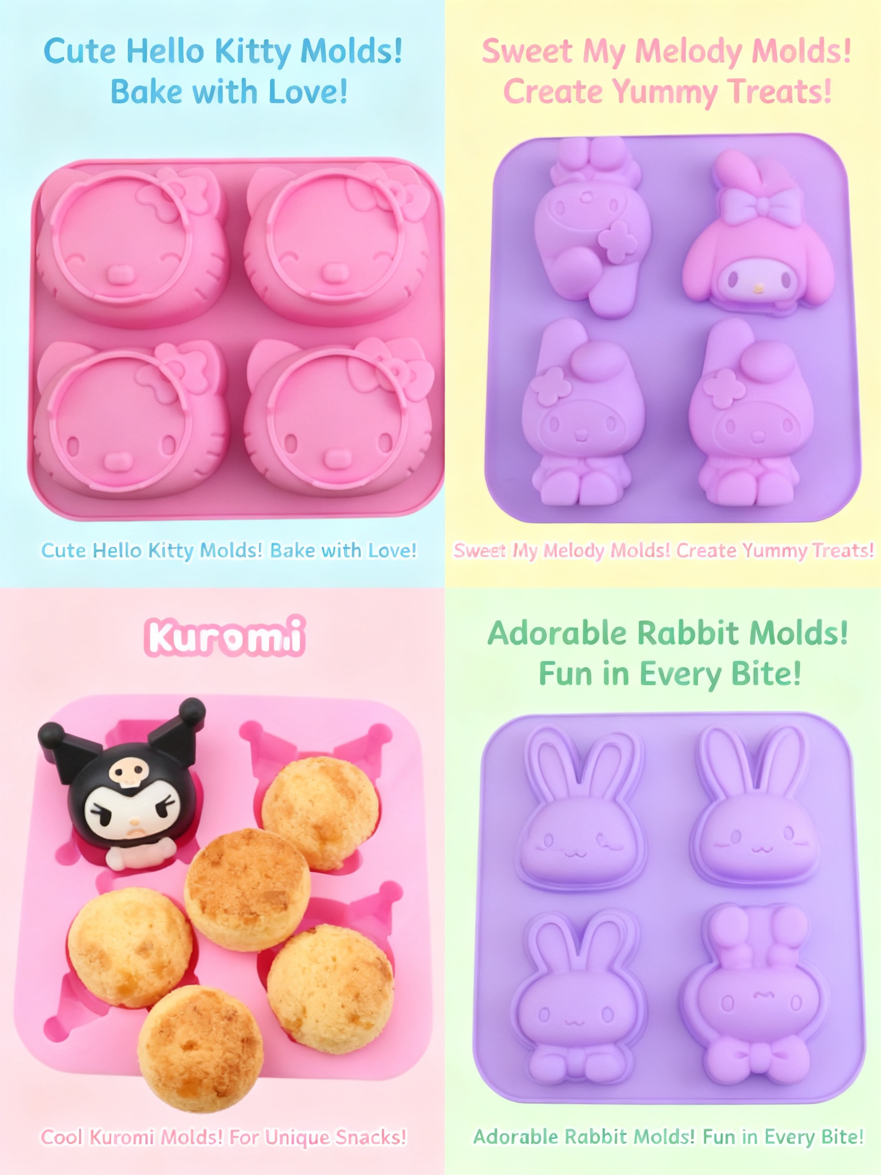 1pc Hello Kitty Kuromi Cinnamoroll Silicone Baking Mold 4 Cavity Food Grade Flexible DIY Mold for Cake Chocolate Desserts Ice