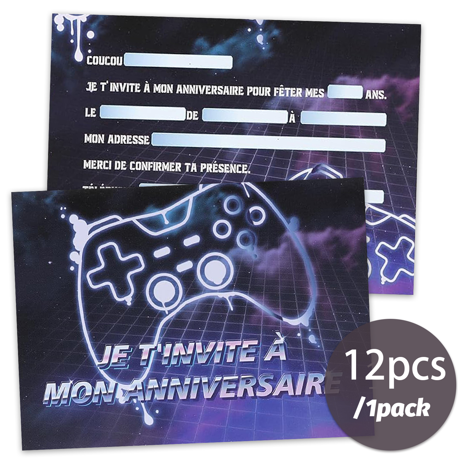 12pcs French birthday invitation cards with illuminated controller design, suitable for e-sports themed birthday parties/gaming