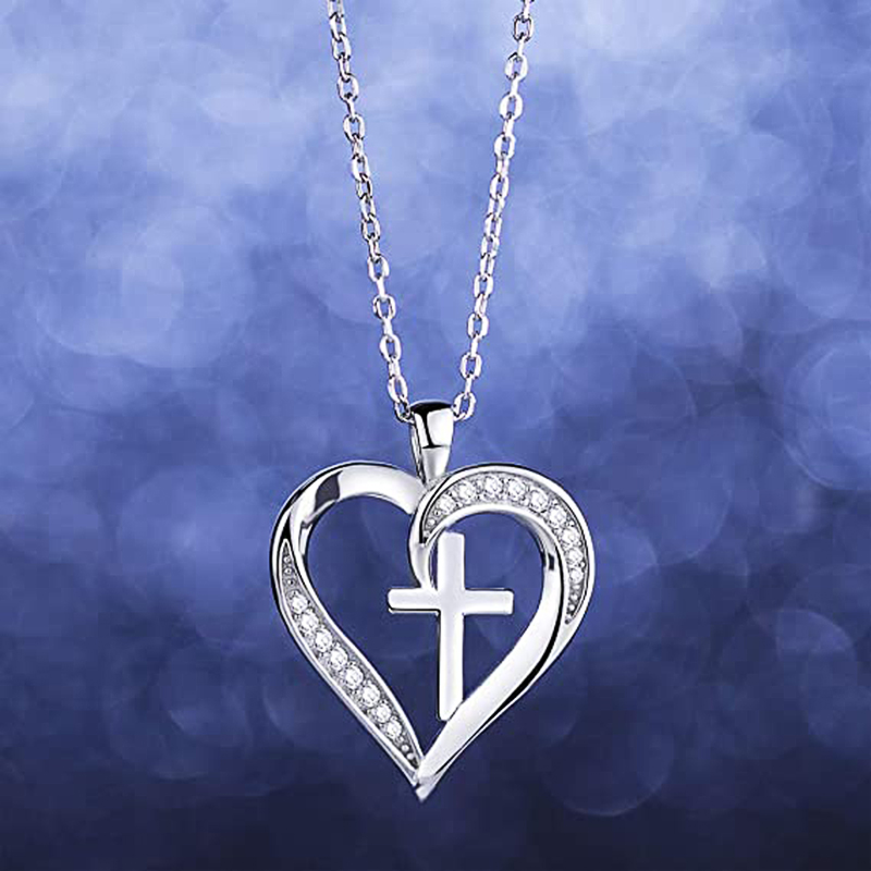 Huitan Creative Heart with Cross Design Pendant Necklace for Women Wedding Anniversary Party Statement Neck Accessories Jewelry