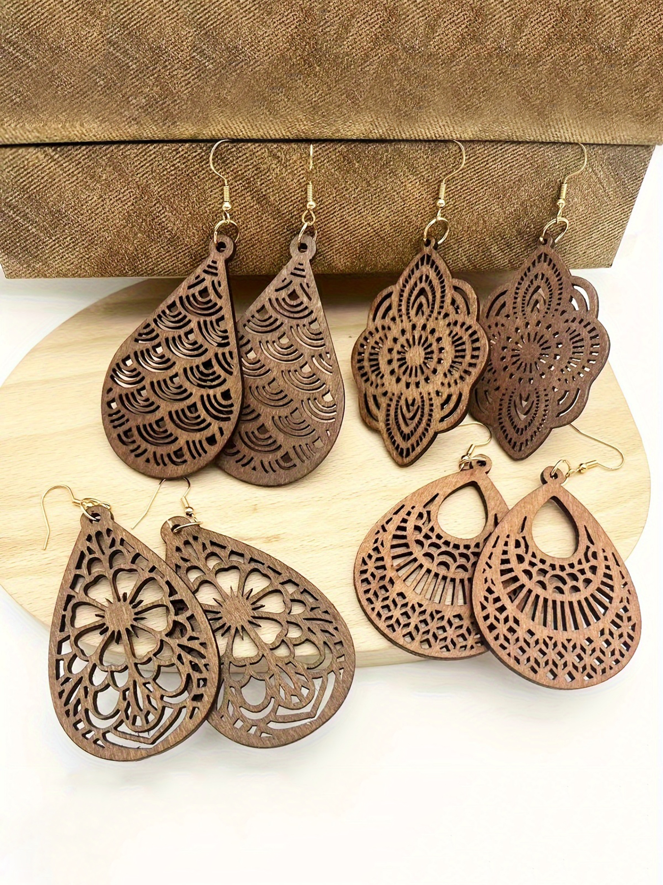 4 Pairs/ Set Vintage Carved Flower Pattern Dangle Earrings Elegant Retro Style Wooden Jewelry Delicate Female