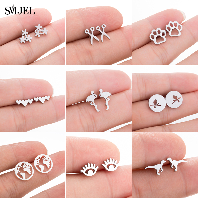 SMJEL Stainless Steel Ballet Stud Earrings for Women Girls Fashion Flower Heart Bird Small Earings Jewelry Pendientes