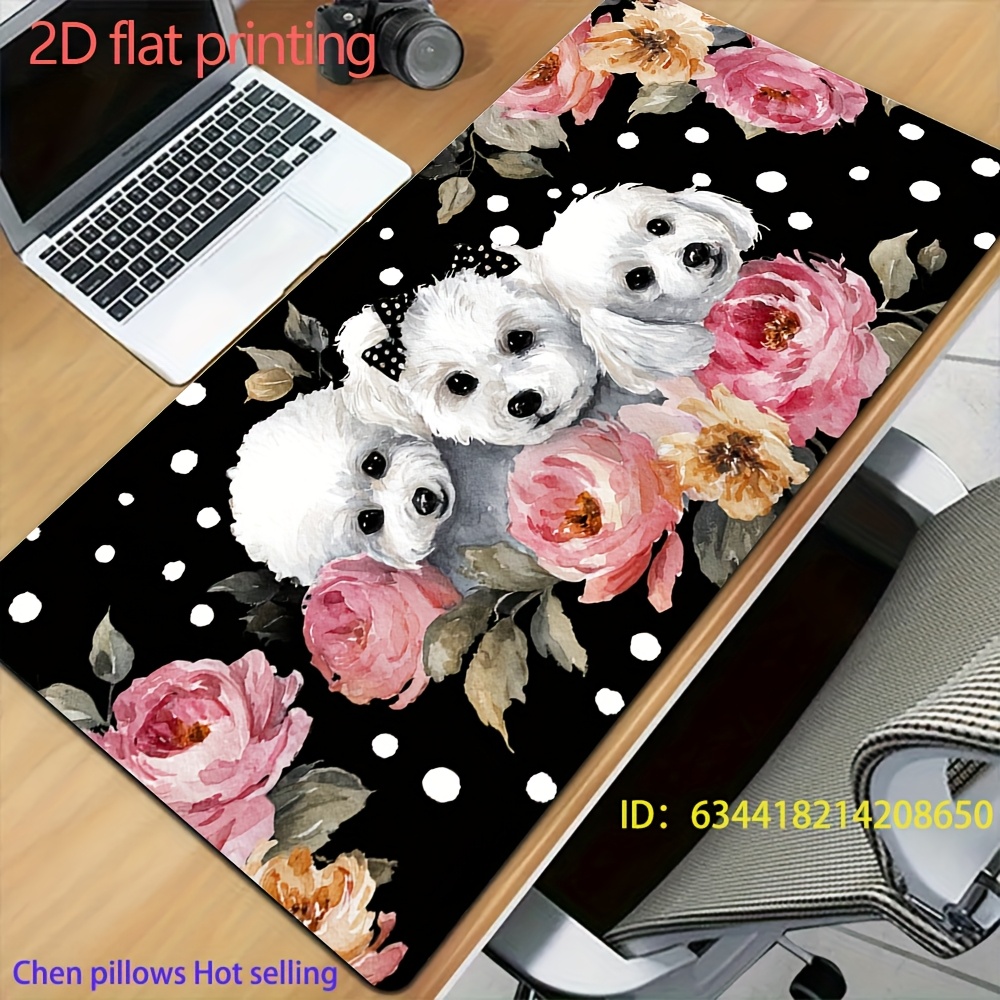 Cute White Dogs Floral Desk Mat, Polka Dot Pet Mouse Pad, Non-Slip Keyboard Pad for Office Gaming