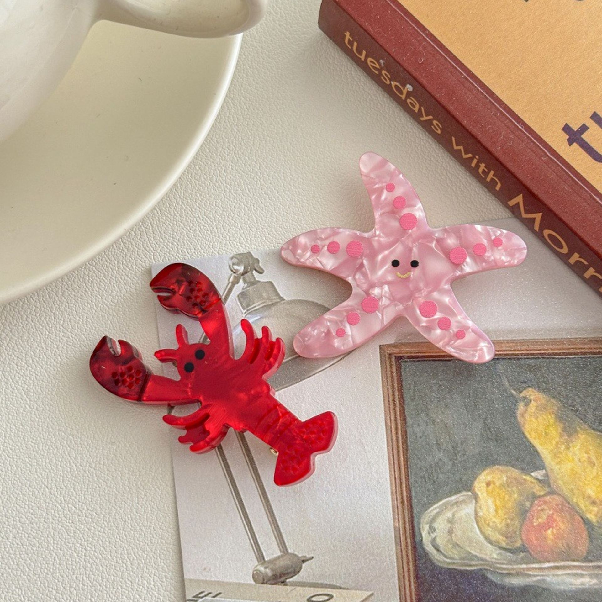 1pc Exquisite Cute Ocean Small Acetate Hairpin, Cartoon Crayfish Starfish Hair Ornament Bangs Clip