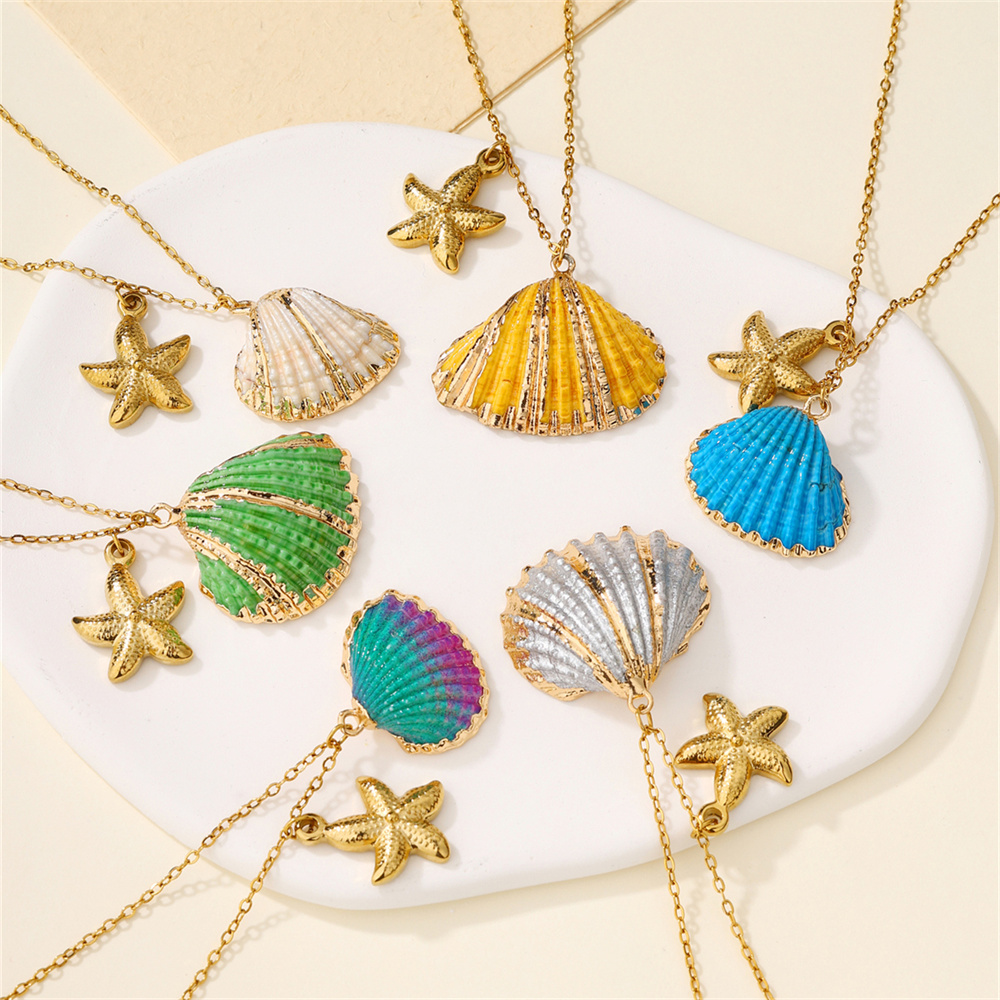 Kissmoon Bohemian Enamel Seashell Starfish Pendant Stainless Steel Necklace For Women Beach Summer Vacation Party Jewelry