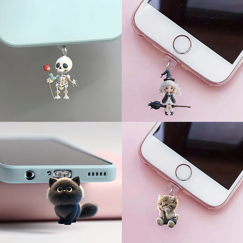 1Pc 2D Cute Cat Dog Shamrock Mobile Phone Dust Plug Pendant Anti-Dust Type-C Charging Port Plug Hanging Decor