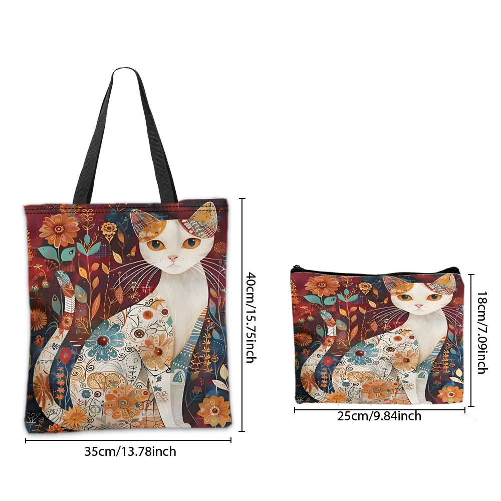 Fashion Element Art Cat Shoulder Bag Makeup Bags Vintage Floral Pattern‌ Handbag Casual Portable Shopping Bag Daily Use