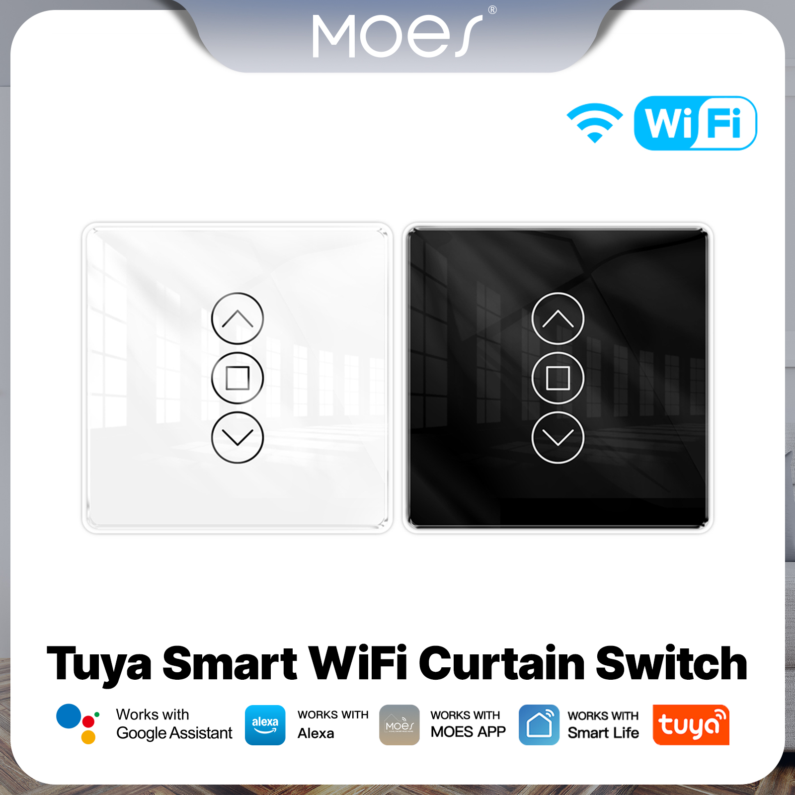 Moes Tuya Smart WiFi Curtain Switch RF433 2.5D Arc Glass Touch Panel for Roller Blinds Shutters Switch APP Wireless Remote Alexa