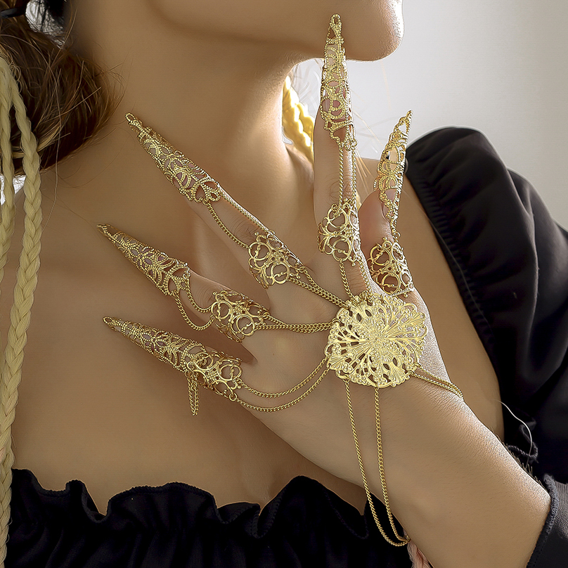 Ingemark Exaggerated Dubai Indian Thai Gold Color Harness Finger Bracelet Women Chunky Chain Belly Dancer Cosplay Hand Jewelry