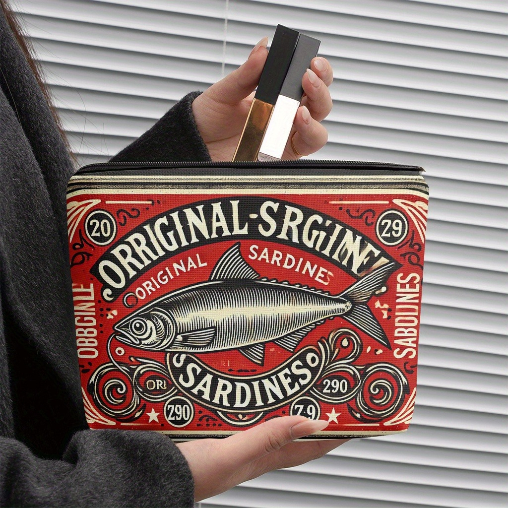 Exquisite Linen 1pc Vintage Sardines Can Design Makeup Bag |Cosmetic Organizer Travel Toiletry Organizer, Unique for Women