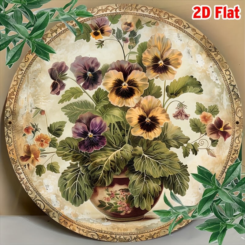 2D Flat 1pc, Round 20x20cm(8x8inch) Room Decor Vintage Pansy Floral Foil Engraving Aluminum Sign - Elegant Pewter Finish Metal W