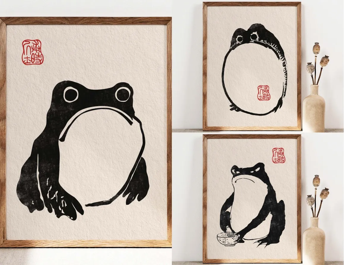 Vintage Animal Wall Art Japanese Black and White Print Pictures Home Decor Gifts Matsumoto Hoji Funny Frog Canvas Painting